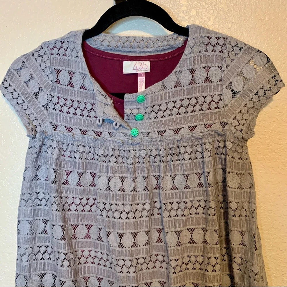 435 Matilda Jane Sovereign Lace Dress Short Sleeves Gray & Purple Girl Size 10